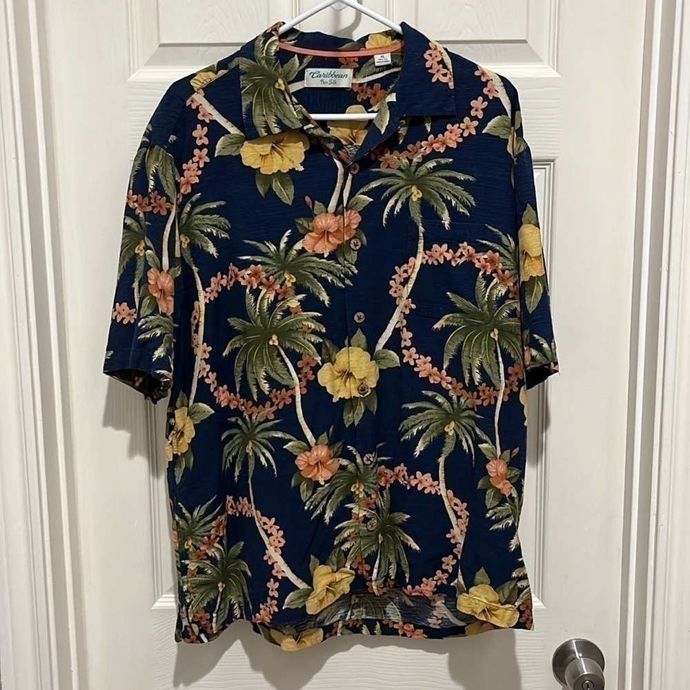 Caribbean Pure Silk Mens Floral Tropical Hawaiian Shirt Size XL